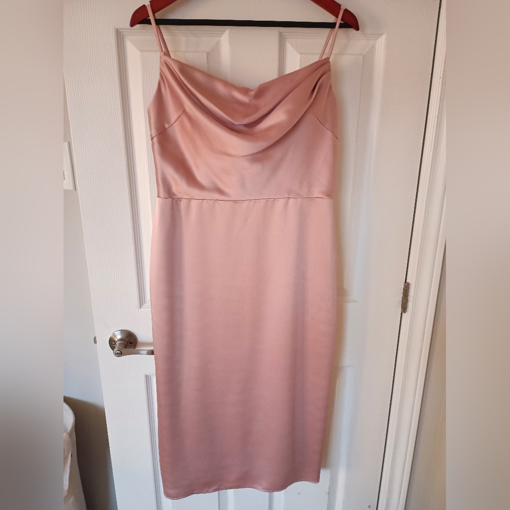 Tea length charmeuse bridesmaid dress with skirt slit and cowl neckline